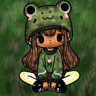 a girl wearing a frog hat and some frog socks