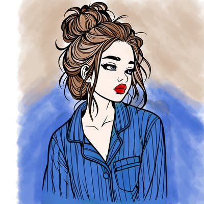 realistic woman with pajamas on and a messy bun