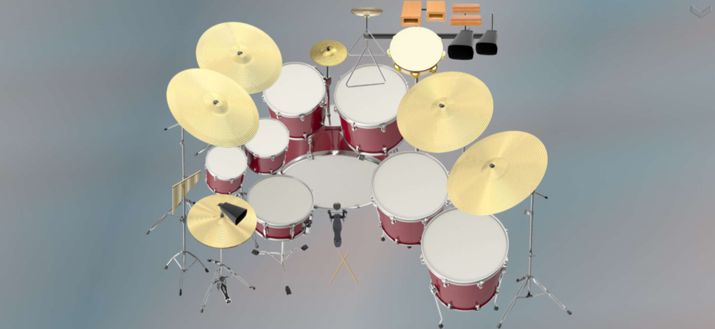 Music World + - Top down view of a virtual red drum set with cymbals and percussion instruments