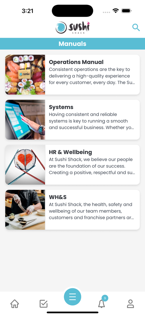 Ideagen Procedure Management - Mobile app interface of Ideagen Procedure Management showing a list of operational manuals including Operations, Systems, and HR for a restaurant franchise.