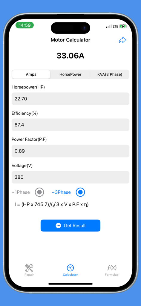 Motor Repair - Tela do aplicativo Reparo de Motores mostrando uma calculadora para determinar Amperes usando especificações do motor e fórmulas elétricas.