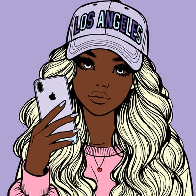 realistic beautiful girl wearing los ángeles cap holding an iphone