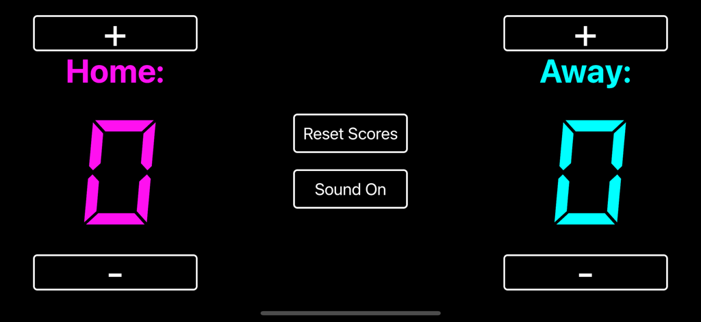 Sports Score Tracker - Digital scoreboard interface showing Home and Away score counters with plus and minus buttons on a black background
