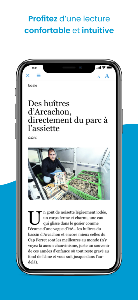 Journal Le Petit Bleu d'Agen - Écran de smartphone affichant un article d'actualité locale sur les huîtres d'Arcachon dans l'application Journal Le Petit Bleu d'Agen avec une mise en page de lecture épurée
