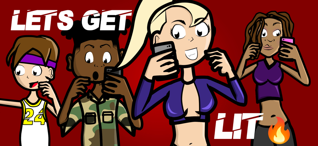Lets Get Lit - Cartoon characters holding smartphones in a promotional graphic for the Lets Get Lit social game