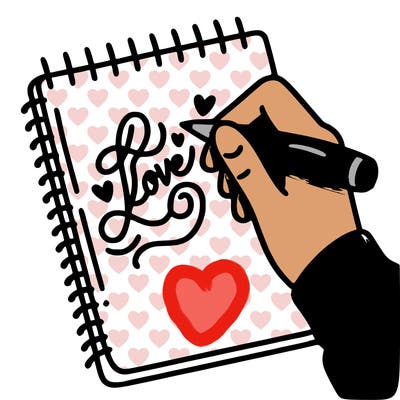 a hand writing “love” in calligraphy on a notebook