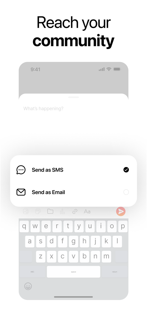 Scoop Messenger - Scoop Messenger interface displaying options to reach a community by sending messages as SMS or email.