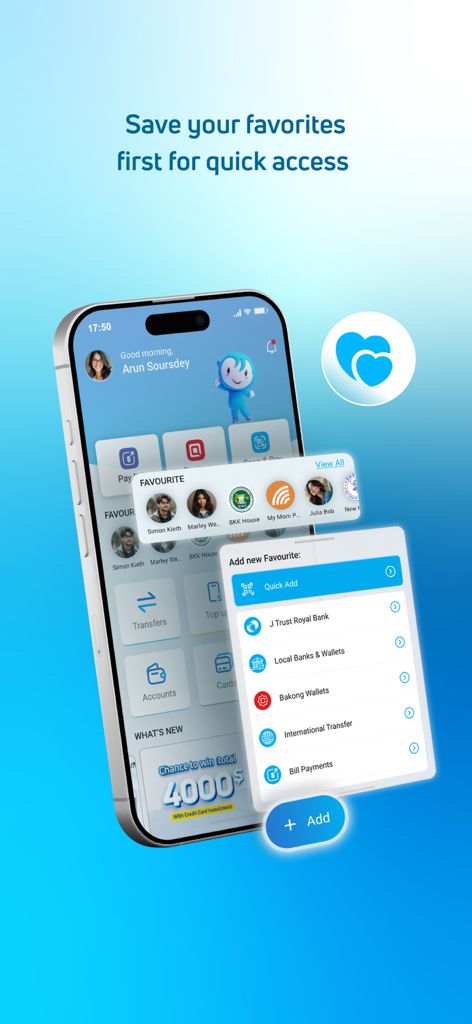 JTR Mobile - JTR Mobile 앱 화면, 즐겨찾기 섹션 및 바콩 및 해외 송금과 같은 새롭고 빈번한 거래 추가 메뉴 표시.