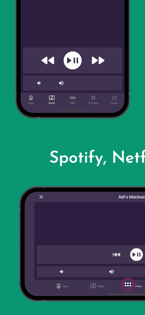 Interfaz de Remote App PRO mostrando controles multimedia y de volumen para PC y Mac en iPhone