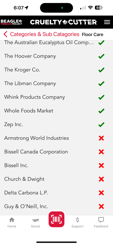 Cruelty Cutter - List of floor care companies in Cruelty Cutter app showing animal testing status with green checks and red crosses