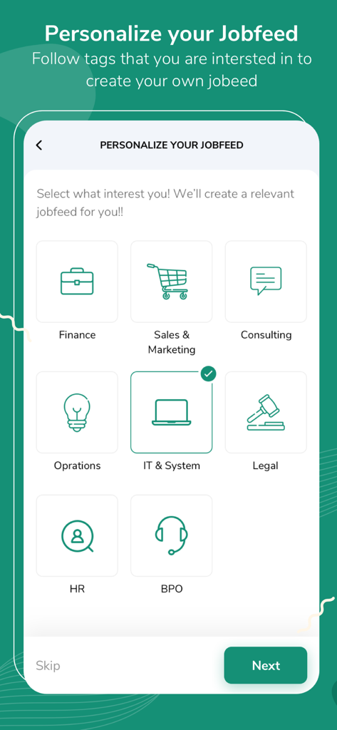 iimjobs : Find Management Jobs - Interface of the iimjobs app showing options to personalize a job feed by selecting professional categories like Finance, IT, and Marketing.