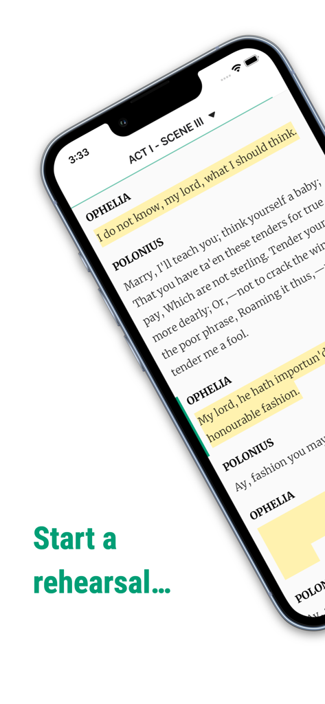 Imparato - Theatre - Smartphone screen showing a theater script with highlighted character lines for rehearsal