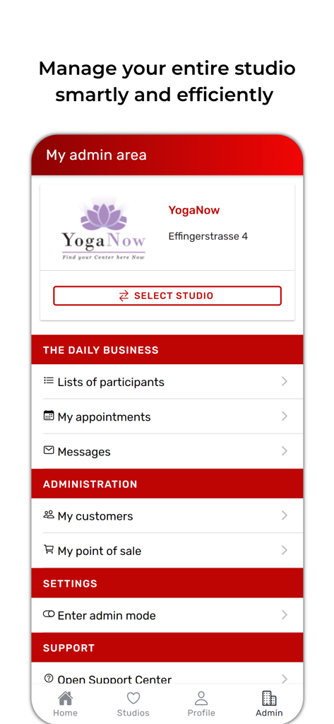 Admin dashboard of the SportsNow app showing studio management tools for business owners