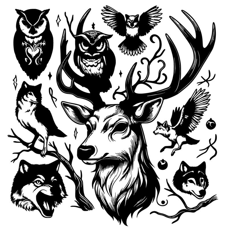 realistic magical deer with horns with an owl and birds on its horns. and surrounded by snarling wolves.