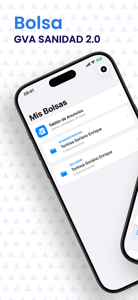 Pantalla principal de la aplicación Bolsa Sanidad GVA 2.0 mostrando categorías de trabajo personales y un tablón de anuncios
