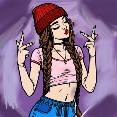 realistic teenage girl with braids and a beanie and crop top doing 🫶🏼