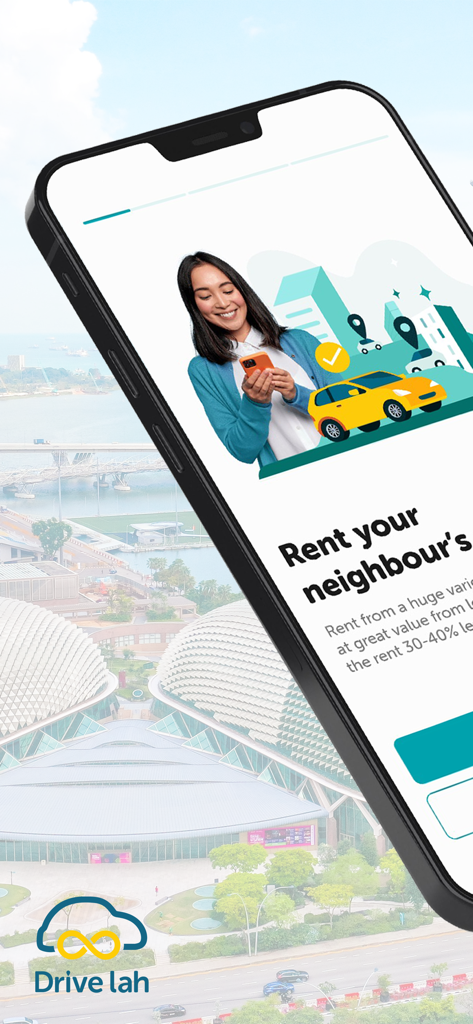 Drive lah - Pantalla de teléfono móvil que muestra la aplicación Drive lah para alquilar coches de vecinos