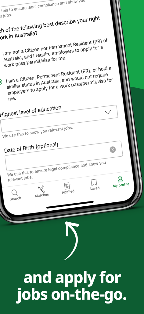 Interface do aplicativo móvel Jora Jobs mostrando a configuração do perfil e o recurso de candidatura em movimento