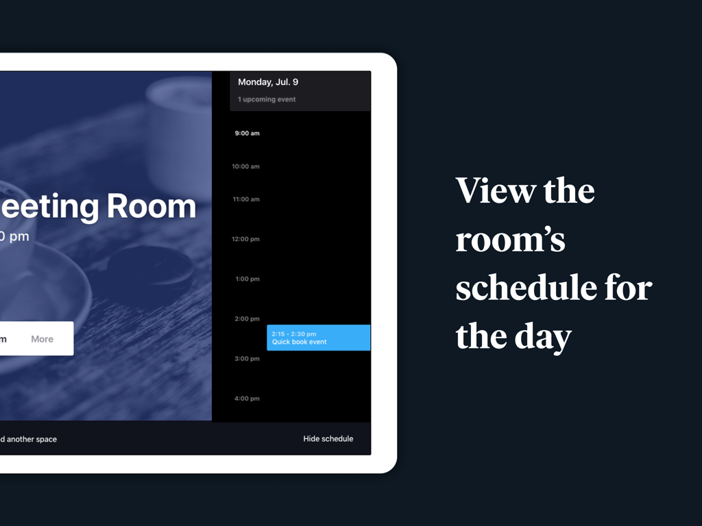 Daily schedule view on a Robin meeting room display tablet