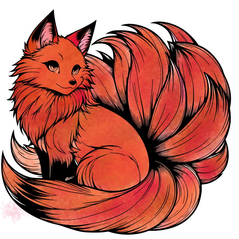 realistic detailed 9 tailed anime fox