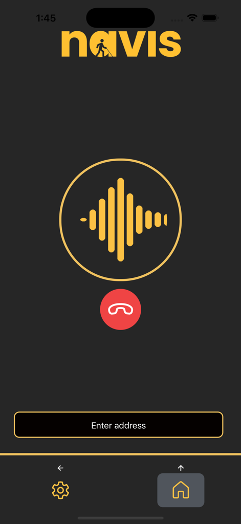 Interfaz de la aplicación Navis para la navegación guiada por voz con un icono de onda de sonido