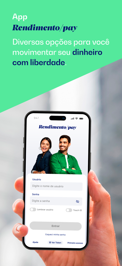 Login screen of the Rendimentopay mobile app displayed on a smartphone