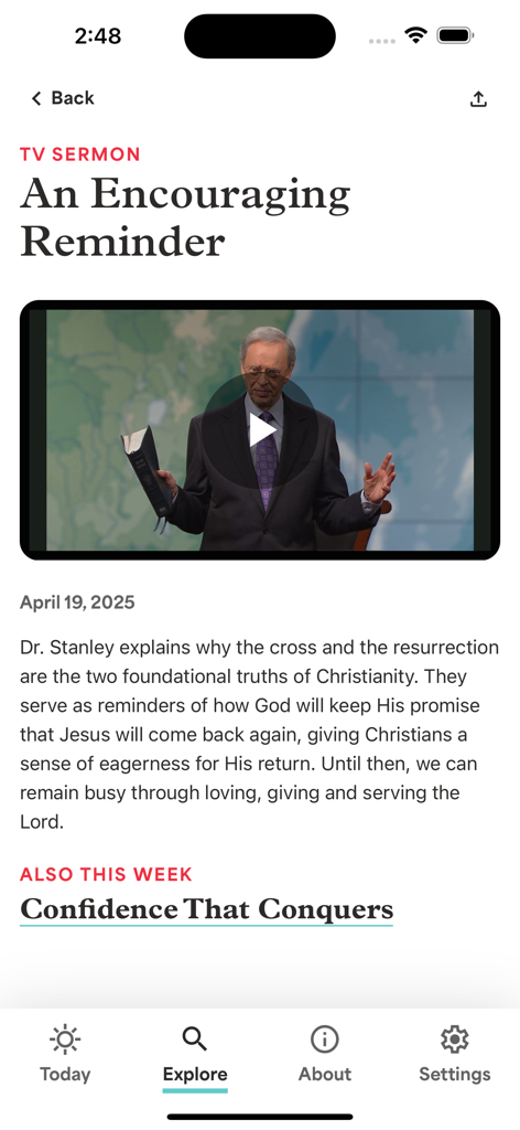 Un video del Dr. Charles Stanley predicando un sermón titulado 'Un Recordatorio Alentador' en la aplicación Ministerios En Contacto