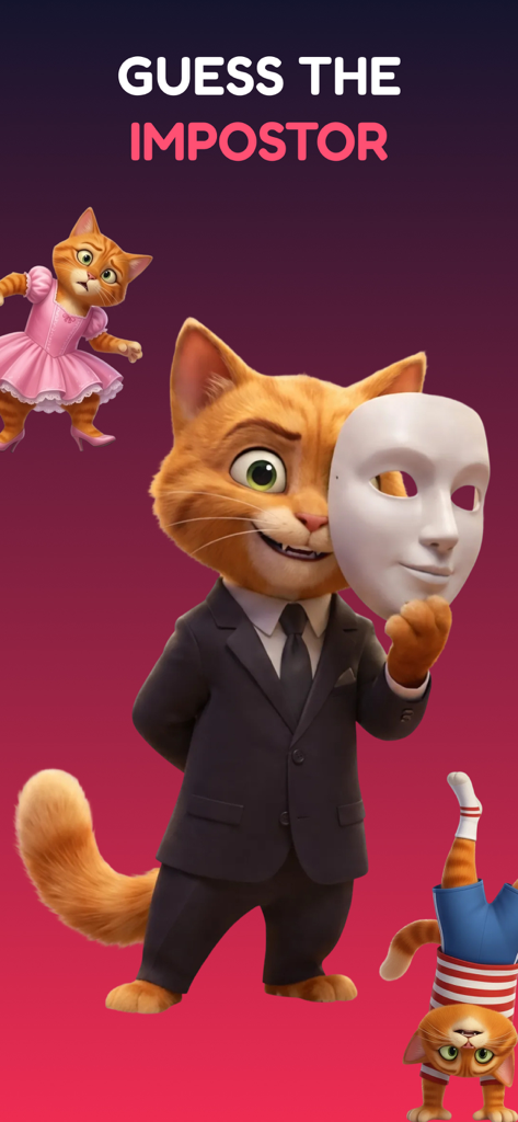 Un gatto rosso in giacca e cravatta che tiene una maschera con la scritta Indovina l'Impostore.