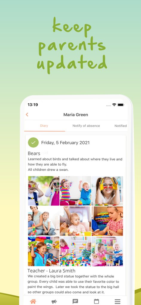 Eliis app interface showing a child diary with photos and classroom activities