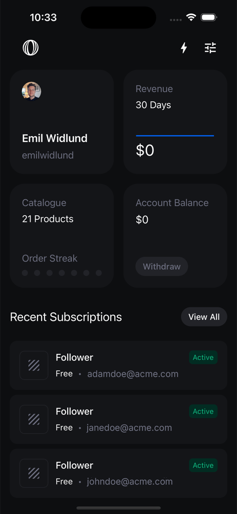 Polar app dashboard showing revenue analytics, product catalogue count, and a list of recent follower subscriptions in dark mode.