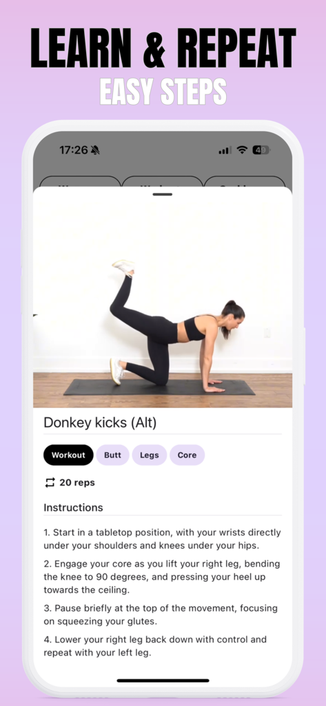 Booty Workout: Glutes & Squat - Una pantalla de la aplicación móvil que muestra instrucciones paso a paso y una demostración en video para el ejercicio de patada de burro para glúteos