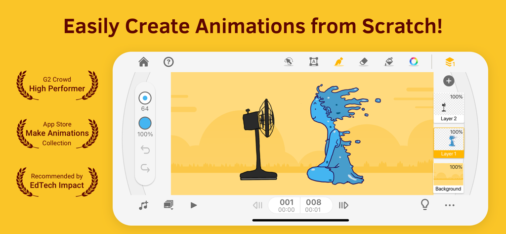Interface do aplicativo Animation Desk mostrando a criação de uma animação desenhada à mão
