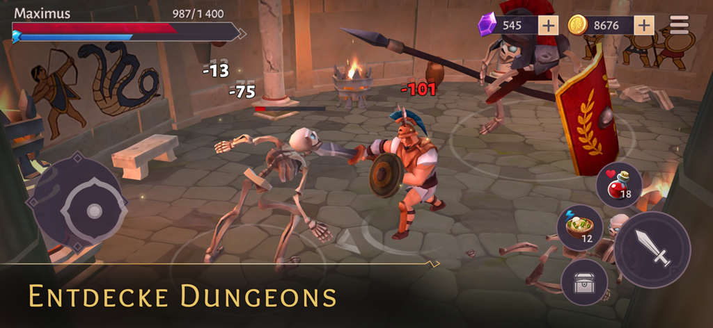 Gladiator Survival ・ Roman RPG - Un personaje gladiador romano luchando contra enemigos esqueléticos en una mazmorra de piedra con elementos de interfaz de juego