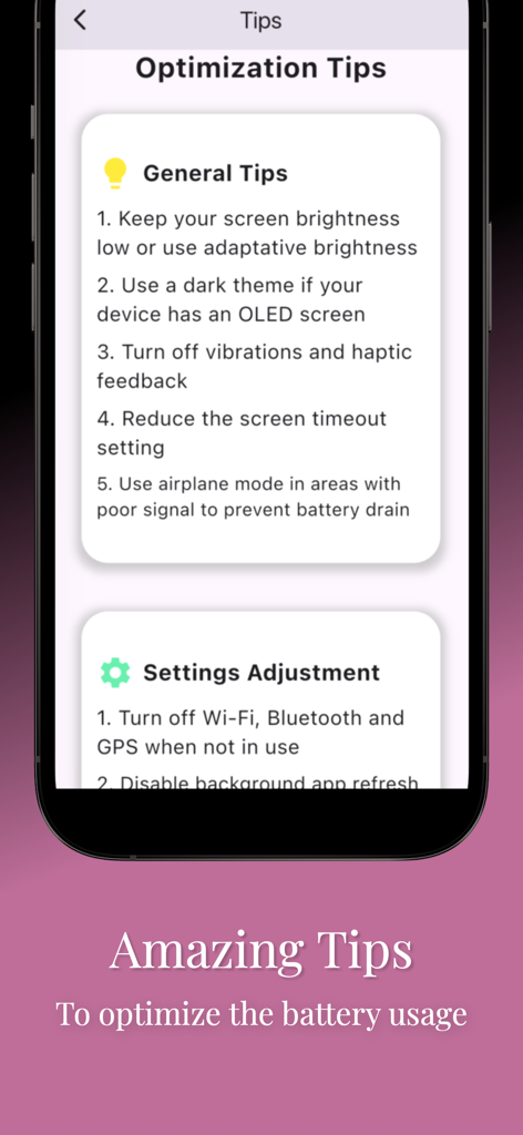 AccuBattery - Battery Info - Una pantalla de la aplicación AccuBattery que muestra consejos de optimización de la batería y ajustes de configuración.