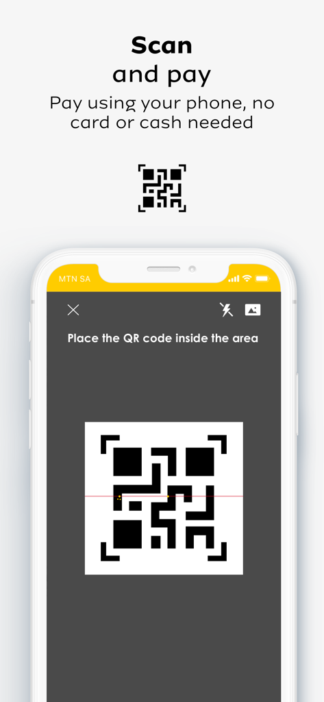 MTN MoMo SA - Interfaz de escaneo y pago de la aplicación MTN MoMo SA que muestra un código QR