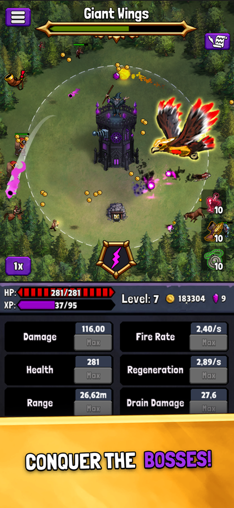 Evil Tower - Idle Defense TD - A wizard on a dark tower fighting a giant winged boss in Evil Tower Idle Defense