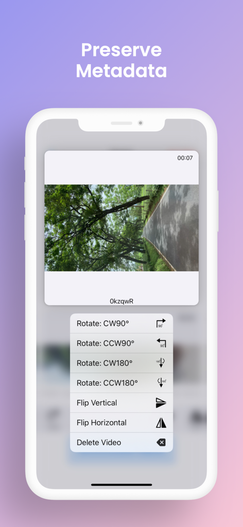 iPhone screenshot of Video Rotate and Flip app showing options to rotate or flip video while preserving metadata