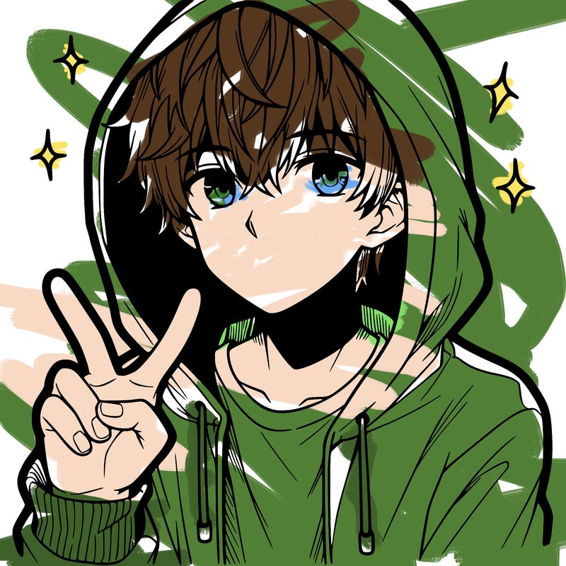 teenage manga boy in a hoodie, doing ✌