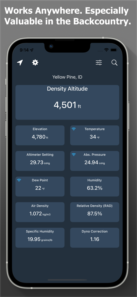 Density Altitude + - Density Altitude Plus app interface showing density altitude and weather metrics on an iPhone