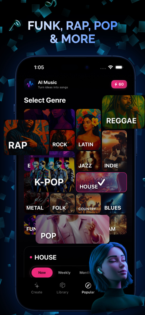 Ai Music : Ai Song Generator - AI Musicアプリのインターフェイス。曲生成のために、Rap、K-Pop、Houseなどのさまざまな音楽ジャンルのオプションが表示されています。