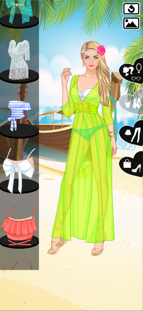 Beat the sun dress up game - A fashion character wearing a neon yellow sheer dress on a sunny beach in a dress up game