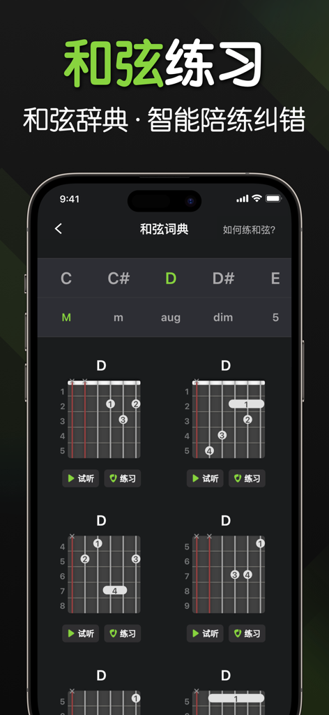 Laiyin Guitar-Tuner Simulator - Mobile app screen showing a guitar chord dictionary with multiple fingering diagrams for the D major chord
