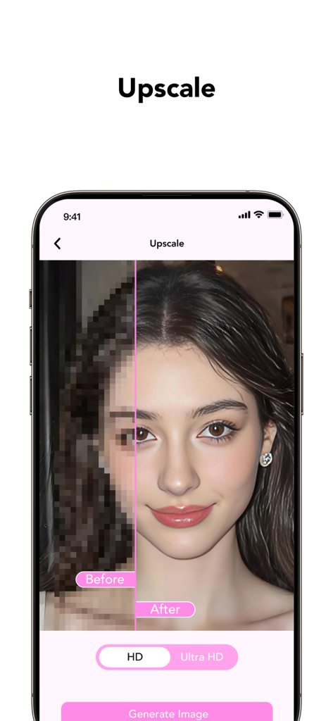 GlowCam: AI Photo Editor - GlowCam app showing AI upscale feature with a before and after comparison of a pixelated portrait turned into a sharp high definition image