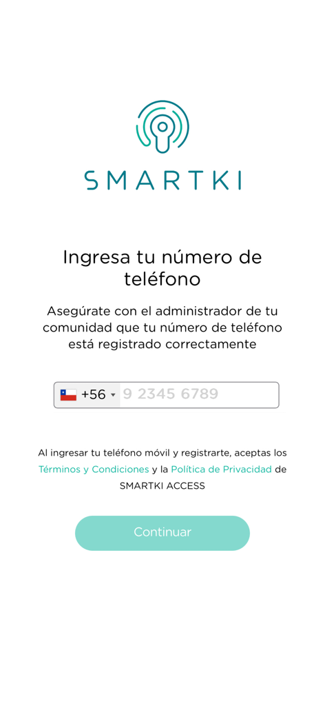 SmartKi Access - Anmeldebildschirm der mobilen SmartKi Access App mit Telefonnummernregistrierung und einem sicheren Länderauswahlfeld.