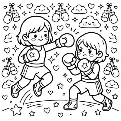 Get ready for an adorable knockout with this Kawaii Amateur Boxers coloring page! Featuring two charming athletes in dynamic poses surrounded by cute boxing-themed elements, it's perfect for a fun and engaging coloring session.