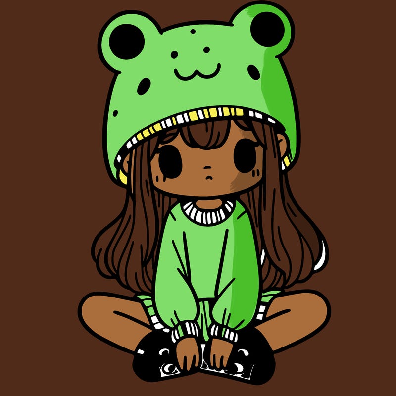 a girl wearing a frog hat and some frog socks
