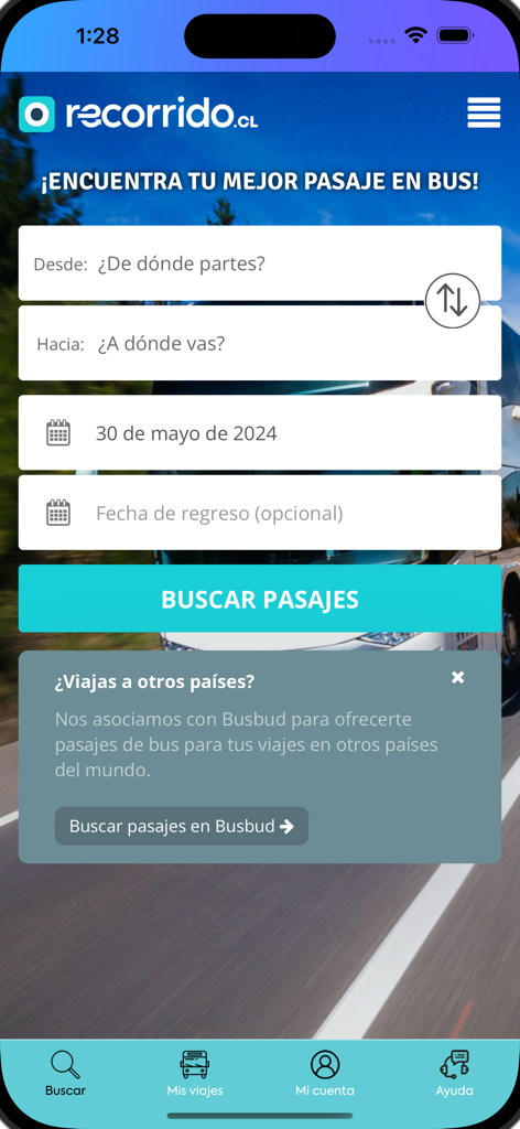 Écran d'accueil de l'application mobile Recorrido montrant les champs de recherche de billets de bus pour l'origine, la destination et la sélection de la date