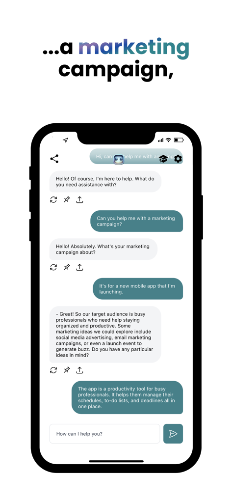 A smartphone screen showing a chat with Jane AI assistant about planning a marketing campaign for a productivity app.
