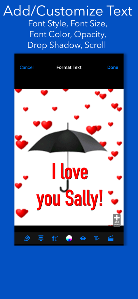 CLIPish Pro - Animations Emoji - Interface of the CLIPish Pro app showing how to add and customize text on a personalized greeting image with hearts and an umbrella.