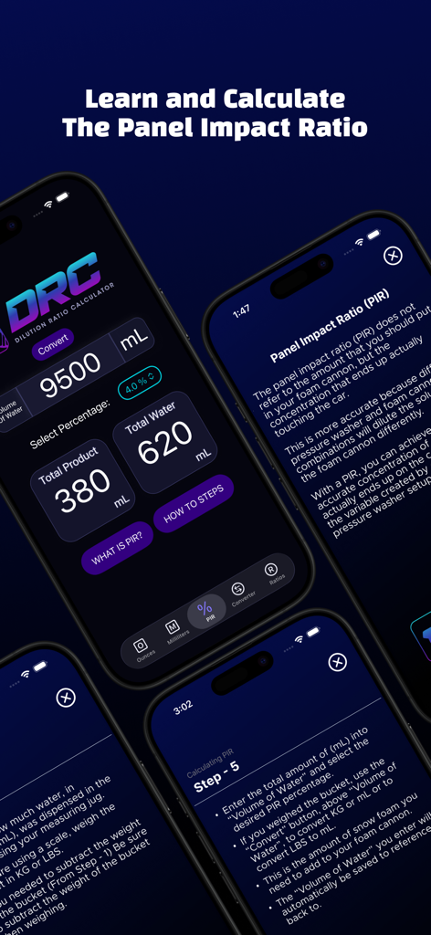 DRC - Detailing Calculator - Interfaz de la aplicación DRC mostrando el cálculo del Ratio de Impacto en el Panel e instrucciones paso a paso